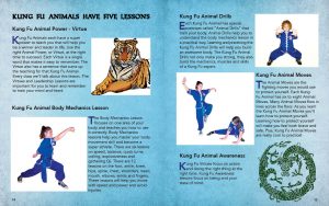 Sample Page from the Kung Fu Animal Power Student Guide describing the five lessons each animal teaches; virtue, body mechanic, animal drills, animal moves and awareness.