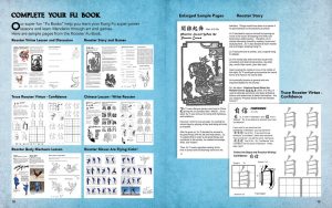 Sample Page from the Kung Fu Animal Power Student Guide showing pages from teh Rooster Fu Book. The Fu Books are fun homework books to create more value and help children learn the lessons of each animal, including Chinese language and cultural.