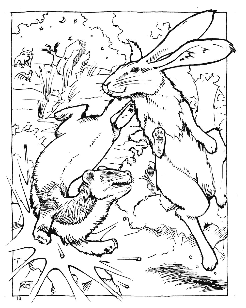 Coloring page that illustrates the story "Rabbit Saves the Day!"